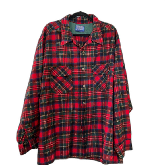 VTG Pendleton Mens Royal Stewart Tartan Plaid Wool Button Up Shirt 2XL USA Cabin - Picture 1 of 11